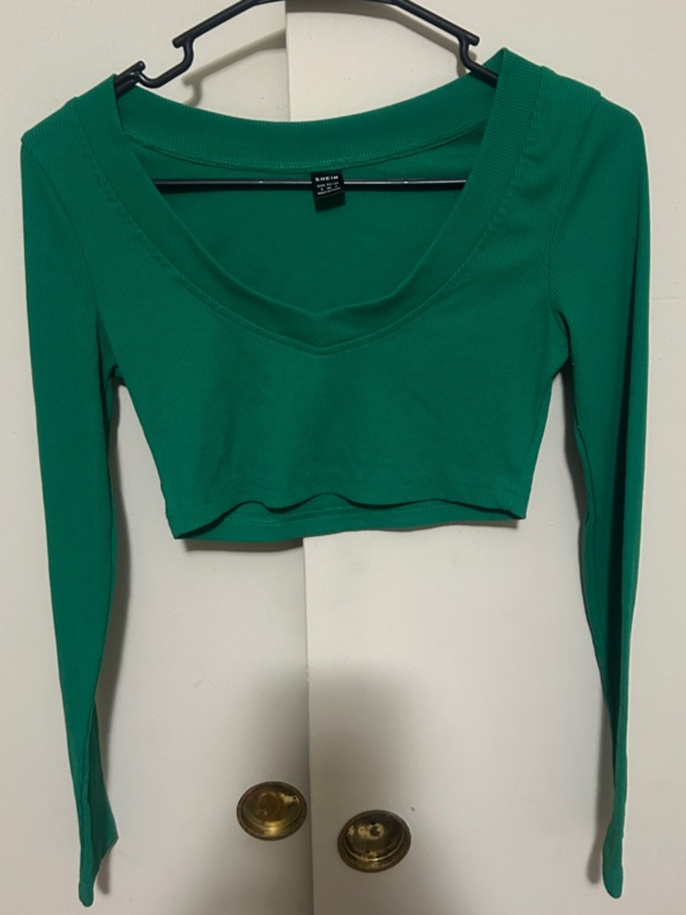 SHEIN Emerald Green Ribbed V-Neck Long Sleeve Crop Top